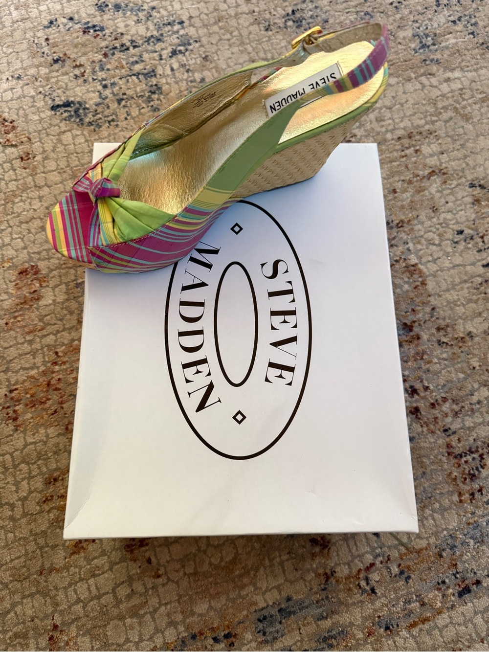 Steve Madden Pink and Lime Striped Espadrille Wedge Sandals